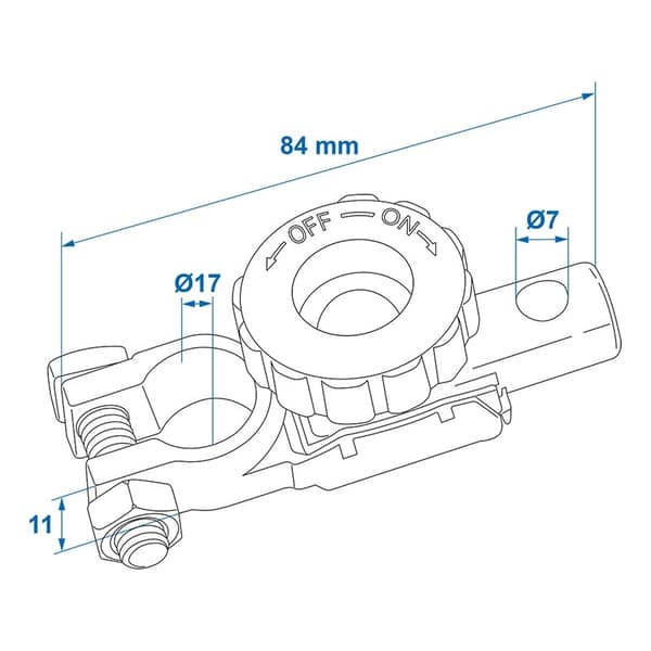 Akun liitin (-) 17,5 mm, katkaisin läpipainopakkauksessa
