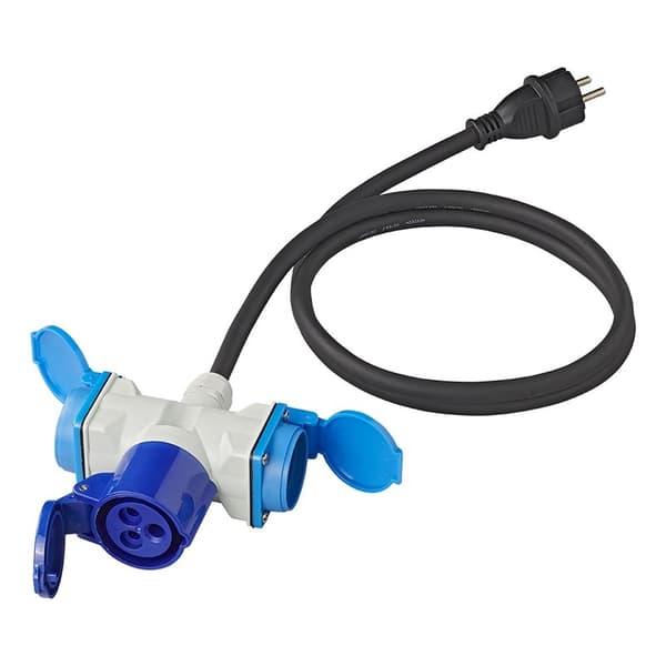 Adapterkabel 150cm 3x1,5mm² fra Schuko-plugg til 1xCEE + 2xSchuko-kontakt