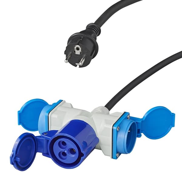 Adapterkabel 150cm 3x1,5mm² fra Schuko-plugg til 1xCEE + 2xSchuko-kontakt