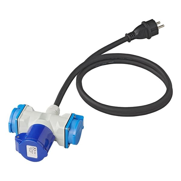 Adapterkabel 150cm 3x1,5mm² fra Schuko-plugg til 1xCEE + 2xSchuko-kontakt