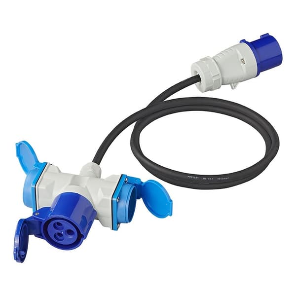 Adapterkabel 150cm 3x2,5mm² fra CEE-plugg til 2xSchuko + 1xCEE-kontakt