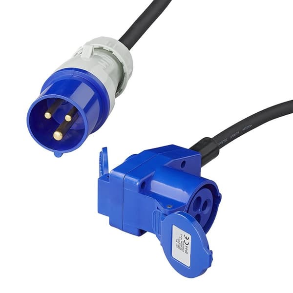 Adapterkabel 150cm 3x2,5mm² från CEE-kontakt till CEE-vinklad kontakt + Schuko-uttag