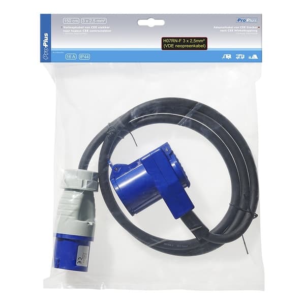 Adapterkabel 150cm 3x2,5mm² från CEE-kontakt till CEE-vinklad kontakt + Schuko-uttag