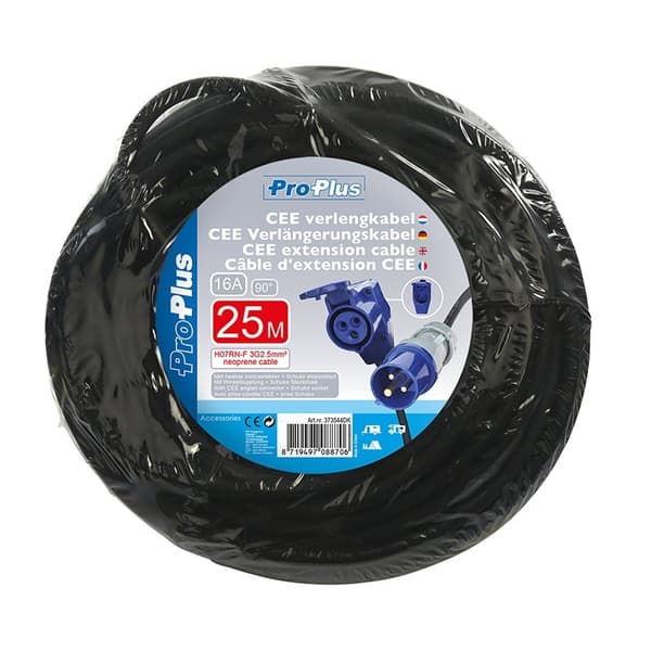 CEE förlängningskabel 25M med CEE vinklad kontakt + Schuko-uttag 3x2,5mm²
