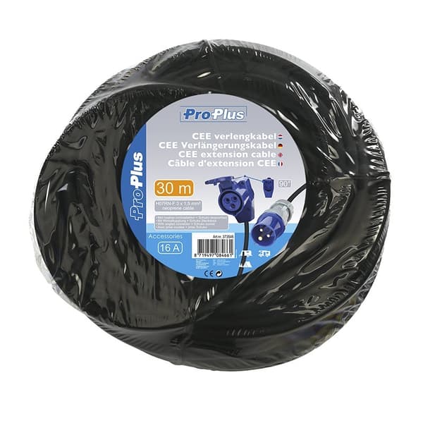 CEE forlængerkabel 30M med CEE vinklet stik + Schuko fatning 3x1,5mm²