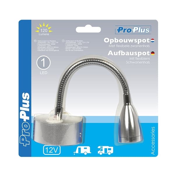 Utenpåliggende spotlight 1-led med fleksibel svanehals 12V 120lm Ø65x110-260mm
