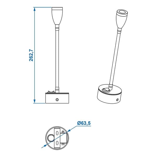 Utenpåliggende spotlight 1-led med fleksibel svanehals 12V 120lm Ø65x110-260mm