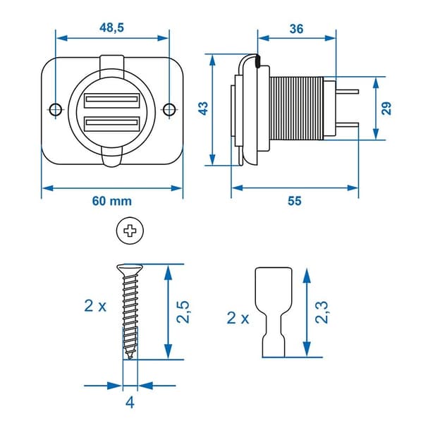 USB-portti kaksinkertainen uppoasennus tyyppi A 3100mA 12V/24V läpipainopakkauksessa