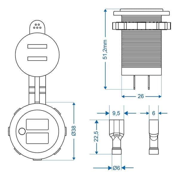 USB-portti kaksinkertainen uppoasennus tyyppi A 2x2100mA 12V/24V läpipainopakkauksessa