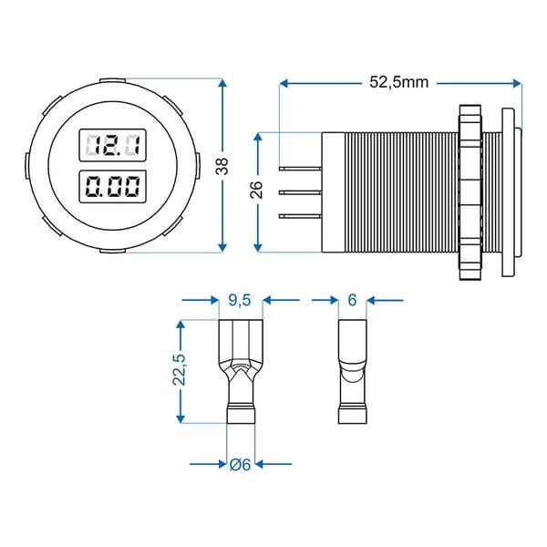 Infälld digital volt-amperemeter 6-30V / 0-10A