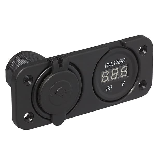 Planmonteringssæt: voltmeter 6-30V + USB-port dobbelt type A 2x2100mA i blisterpakning