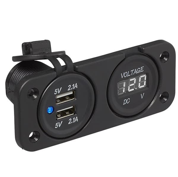 Planmonteringssæt: voltmeter 6-30V + USB-port dobbelt type A 2x2100mA i blisterpakning