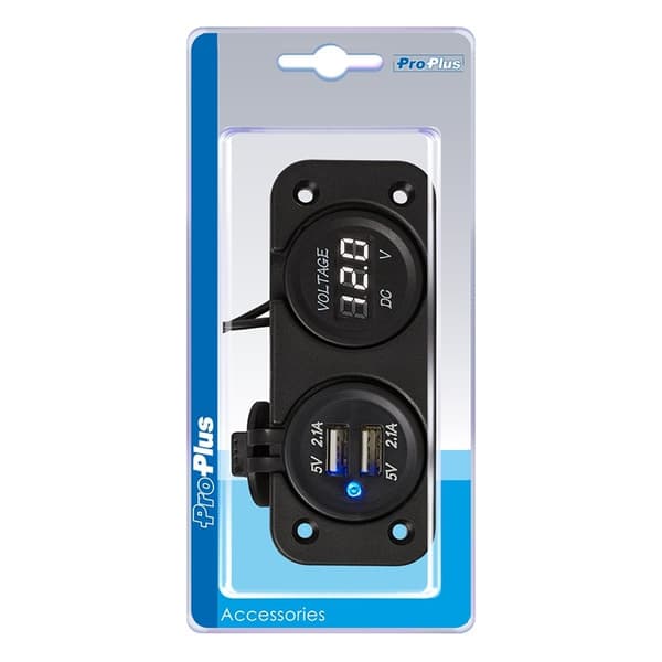 Planmonteringssæt: voltmeter 6-30V + USB-port dobbelt type A 2x2100mA i blisterpakning