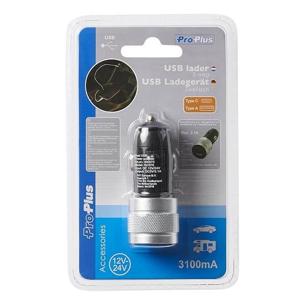 2-vägs USB-laddare typ A + C 12V/24V 3100mA