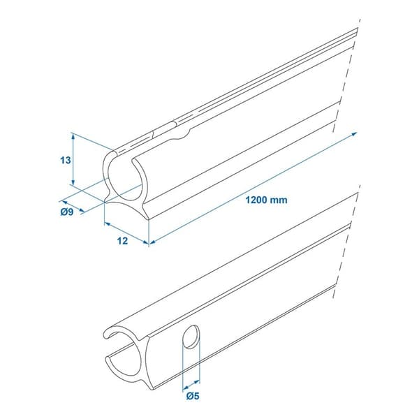 Markiseskinne aluminium 90° Ø9 mm x 1,2 m
