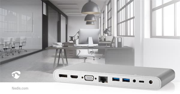 USB Telakointiasema | USB 3.2 Gen 1 | USB-C™ Uros | DisplayPort Naaras / HDMI naaras / RJ45 Naaras / VGA Naaras / 2x 3.5 mm naaras / 2x USB-C™ / 4x US