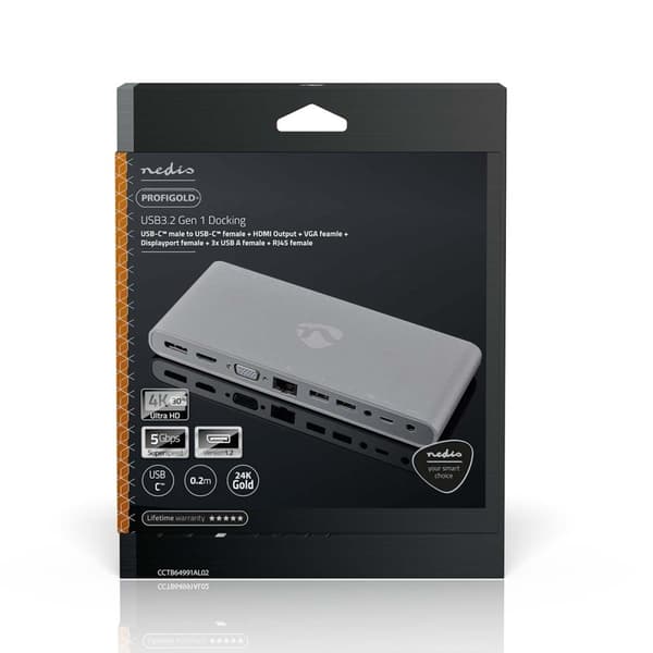 USB Telakointiasema | USB 3.2 Gen 1 | USB-C™ Uros | DisplayPort Naaras / HDMI naaras / RJ45 Naaras / VGA Naaras / 2x 3.5 mm naaras / 2x USB-C™ / 4x US