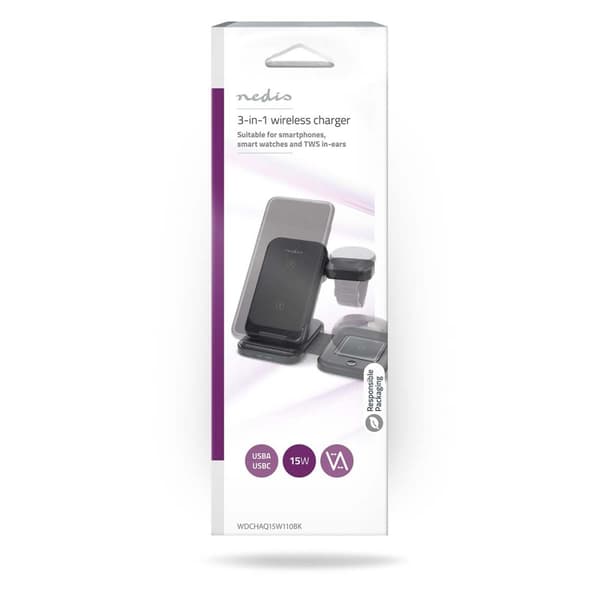 Trådlös laddning | 3-i-1 | 15 W | LED indikatorn används | Kabel ingår | USB-A / USB-C™ | 1.00 m
