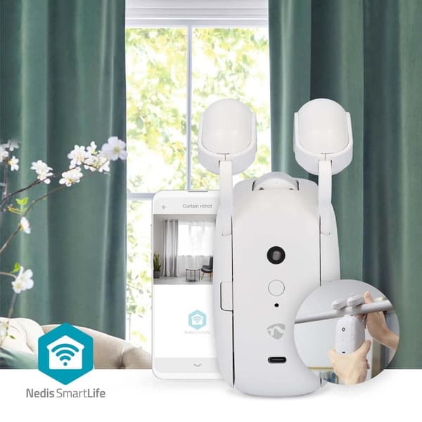 SmartLife Robot med Gardin | Stångskena | Draperier / Gardiner | Batteridriven / USB ström | 4000 mAh | Bluetooth® | Vit