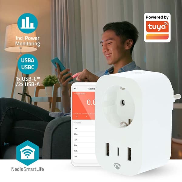 SmartLife Älypistorasia | Wi-Fi | IP21 | Virtamittari | 3680 W | Type F (CEE 7/7) / 1x USB-C™ / 2x USB | 0 - 55 °C | Android™ / IOS | Valkoinen | 1 kp