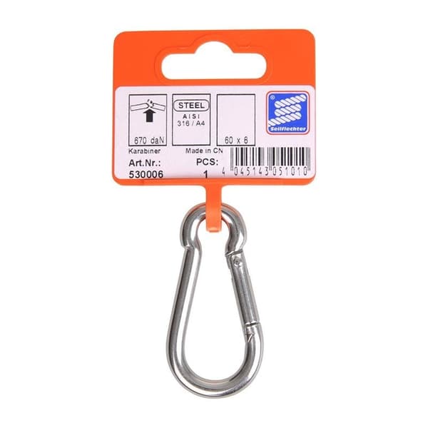 Karabinkrog 60x6mm. A4 RVS AISI 316. 670 daN