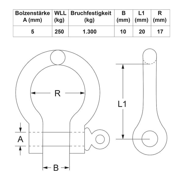 Bogbygel 5mm. A4 RVS AISI 316. 1.000 daN