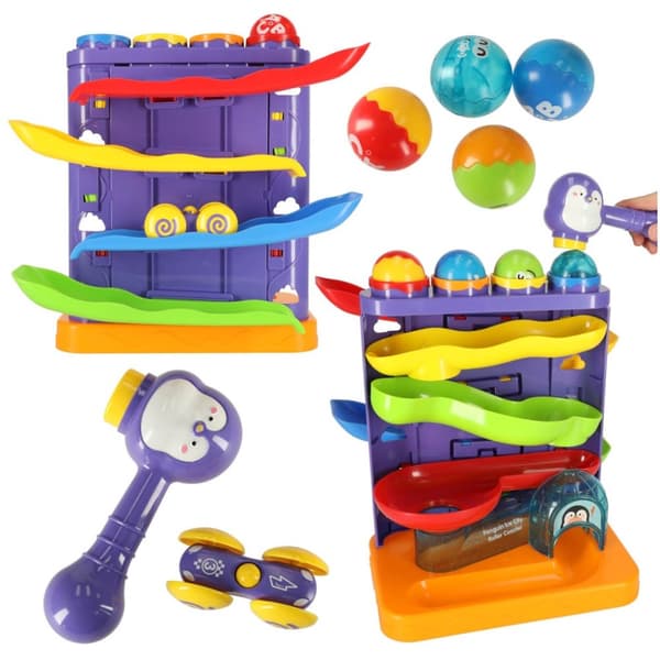 Interaktiv 3-i-1 ball track ball pusher med hammare pingvin + bil