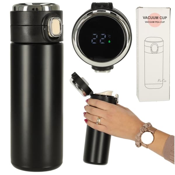 Lämpömuki suukappaleella LED termospullo 420ml musta