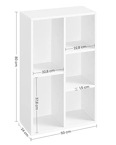 Kompakti valkoinen kirjahylly 5 hyllyllä, naarmuuntumaton
