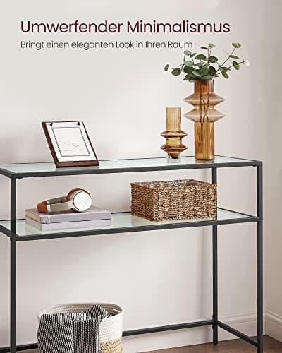 Moderne sort stålkonsolbord med 2 glashylder