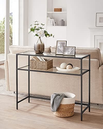 Moderne sort stålkonsolbord med 2 glashylder