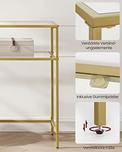 Moderne konsollbord i gull med hyller i herdet glass