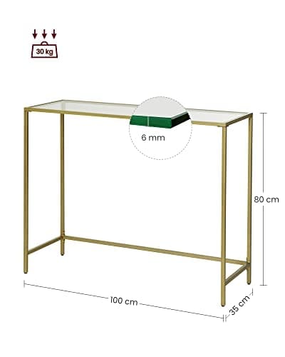 Moderni kultainen metalli- ja lasikonsolipöytä, 100x35x80 cm