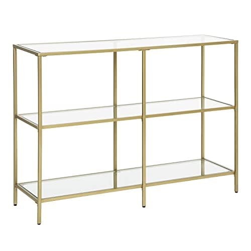 Elegant gullkonsollbord med 3 hyller og glasspaneler
