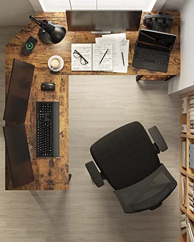 Stort L-format skrivbord med flyttbar hylla och kabelhantering