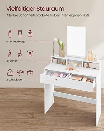 Elegant hvitt sminkebord med speil og oppbevaringsskuffer