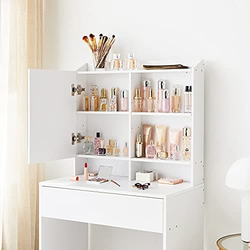 Minimalistisk hvidt toiletbord med spejl og opbevaring