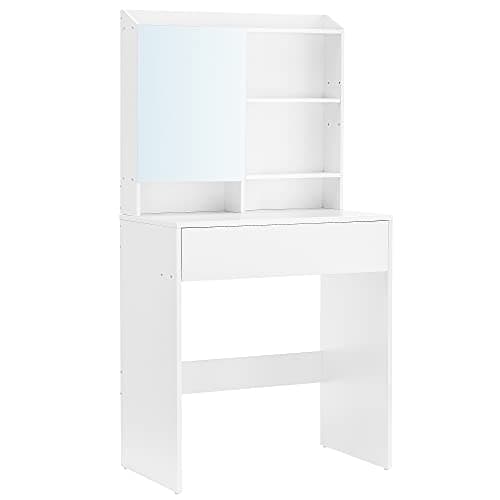 Minimalistisk hvidt toiletbord med spejl og opbevaring