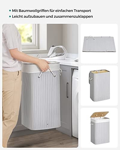 Plassbesparende skittentøyskurv i grå bambus med lokk, 72L