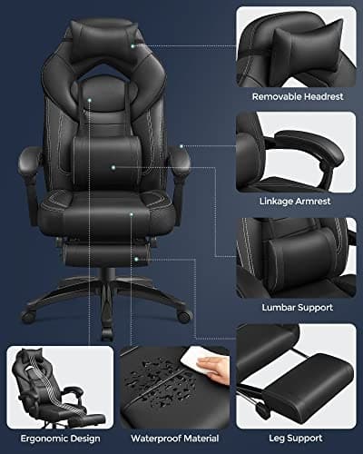 Ergonomisk svart spillestol med fotstøtte og korsryggstøtte