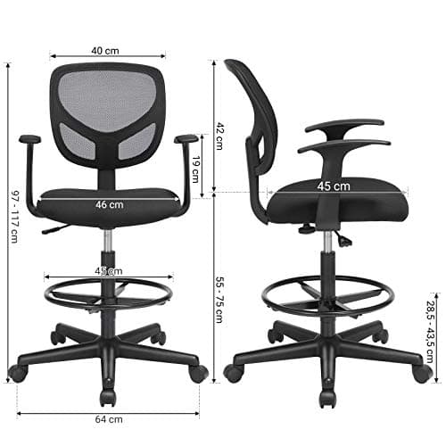 Ergonominen säädettävä työtuoli jalkatuella, musta verkko