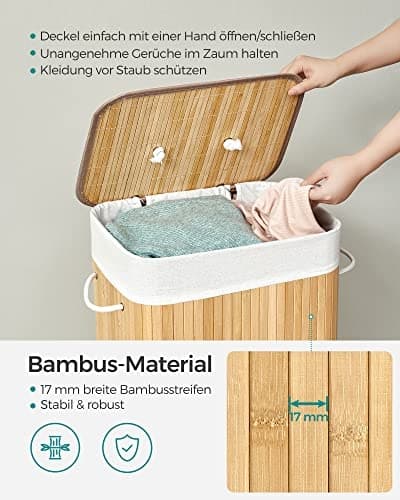 Pladsbesparende bambus vasketøjskurv med låg og vaskbar taske