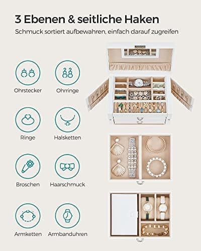 Elegant vit smyckeskrin med resefodral och spegel
