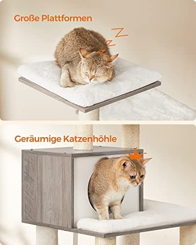 Moderni greige kissapuu, jossa on pehmotyynyt ja riippumatto