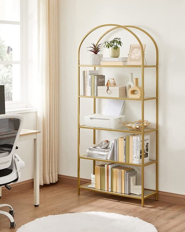 Elegant utstillingshylle i stål og glass i gull