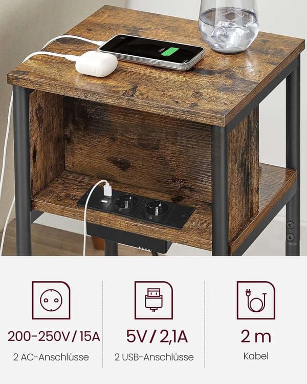 3-lags sidebord med integreret stik og USB-porte