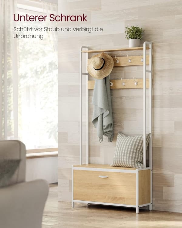 Multifunksjonell garderobe med benk, kroker og skoskap