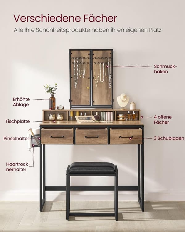 Elegant makeup-vask med tredobbelt spejl og rigelig opbevaring
