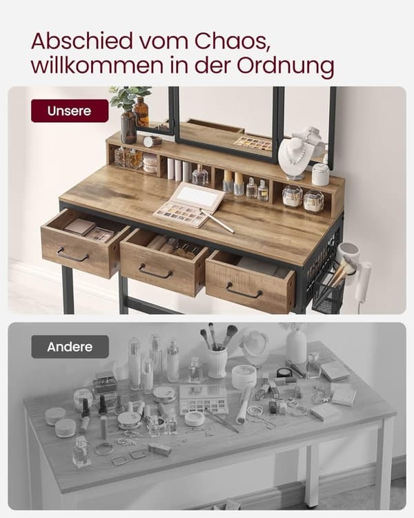 Elegant makeup-vask med tredobbelt spejl og rigelig opbevaring