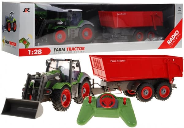 Fjernkontrolltraktor med tilhenger, løfter og svinger, skala 1:28